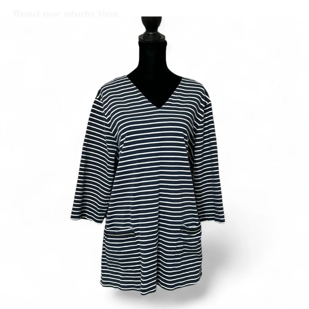 DONCASTER COLLECTION Navy and white striped 3/4 sleeve tunic top XL Good Cond.